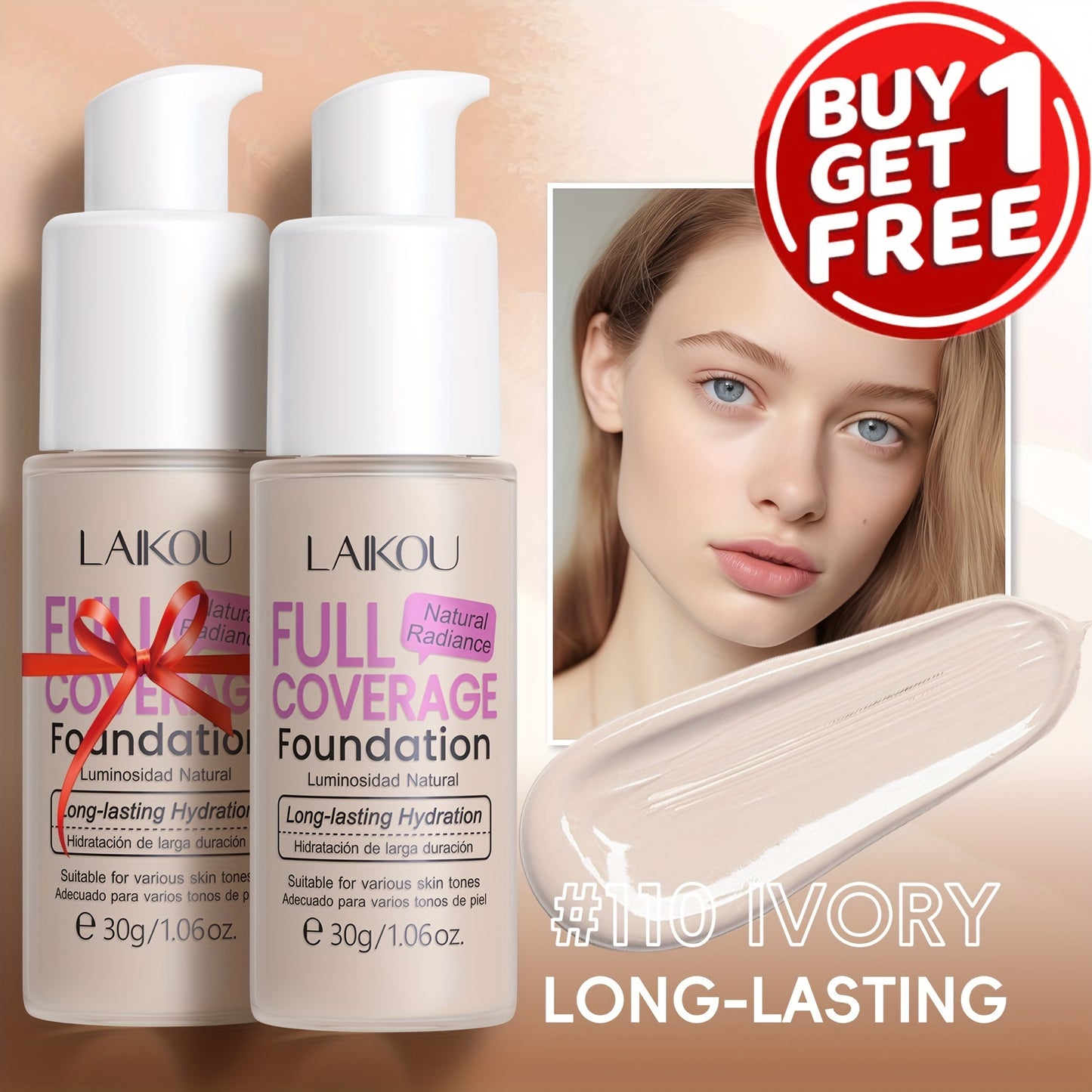 LAIKOU Full Coverage Foundation: Moisturizing, buildable concealment in 6 shades. Infused with hyaluronic acid & pear powder. Suitable for all skin types. Waterproof and pore-minimizing.