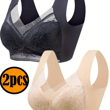 Solid Floral Lace Wireless Tank Bra with Full Coverage and Push Up for Women's Lingerie & Underwear