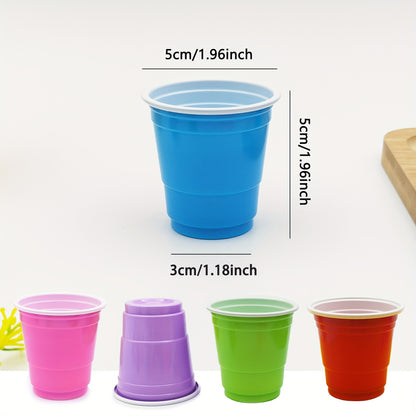 50 two-tone 2oz plastic party shot cups for various occasions like weddings, banquets, parties, and outdoor events.