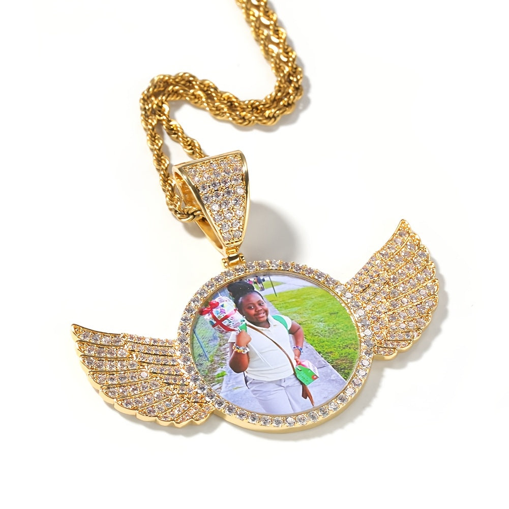 Customizable Photo Pendant Necklace in Hip Hop Style for Men and Women, featuring a Round Wing design in Gold Plated Zirconia for a fashionable look.