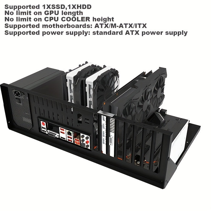 ATX Test Bench Case: Black Alloy Steel, Supports Dual Processors, MicroATX & ITX Compatible, Ideal for Motherboard Testing and PC Assembly