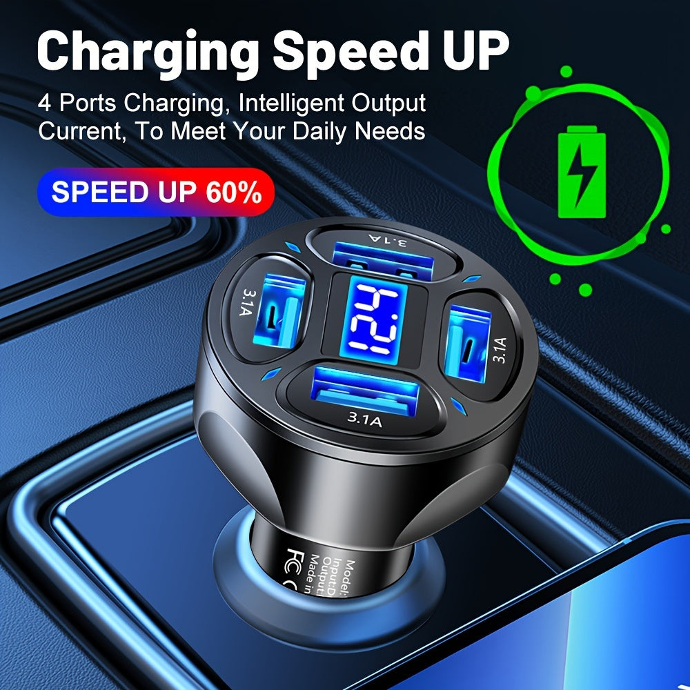 4-in-1 USB car charger with 3.1A fast charging across 4 ports.