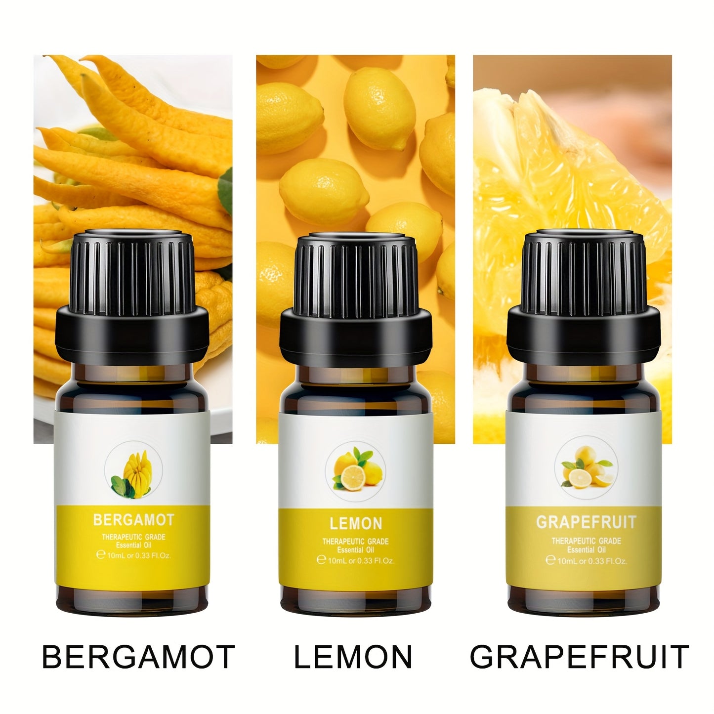 1 Set of Aromatherapy Essential Oils: Bergamot, Grapefruit, and Lemon scents, for diffusers, humidifiers, and car aromatherapy. Mood-lifting, under 1L liquid quantity, with active lemon