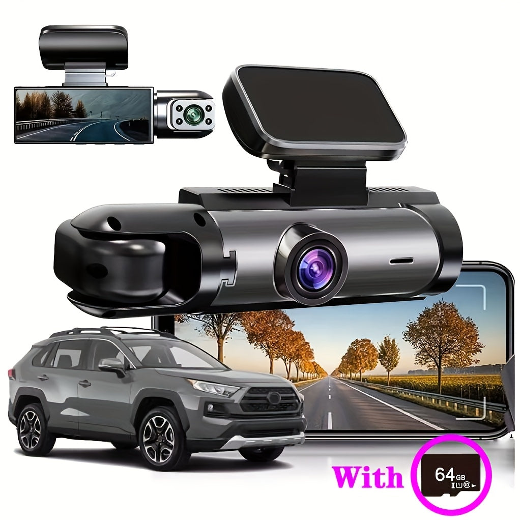 OUYAAQII 1080P Dual Lens Car Dash Cam with Gravity Sensor, Auto Loop Recording, 64GB Memory, 12-Hour Battery Life, Aluminum Cooling Case, Front & Interior Video Capture, Easy Adhesive Mount.