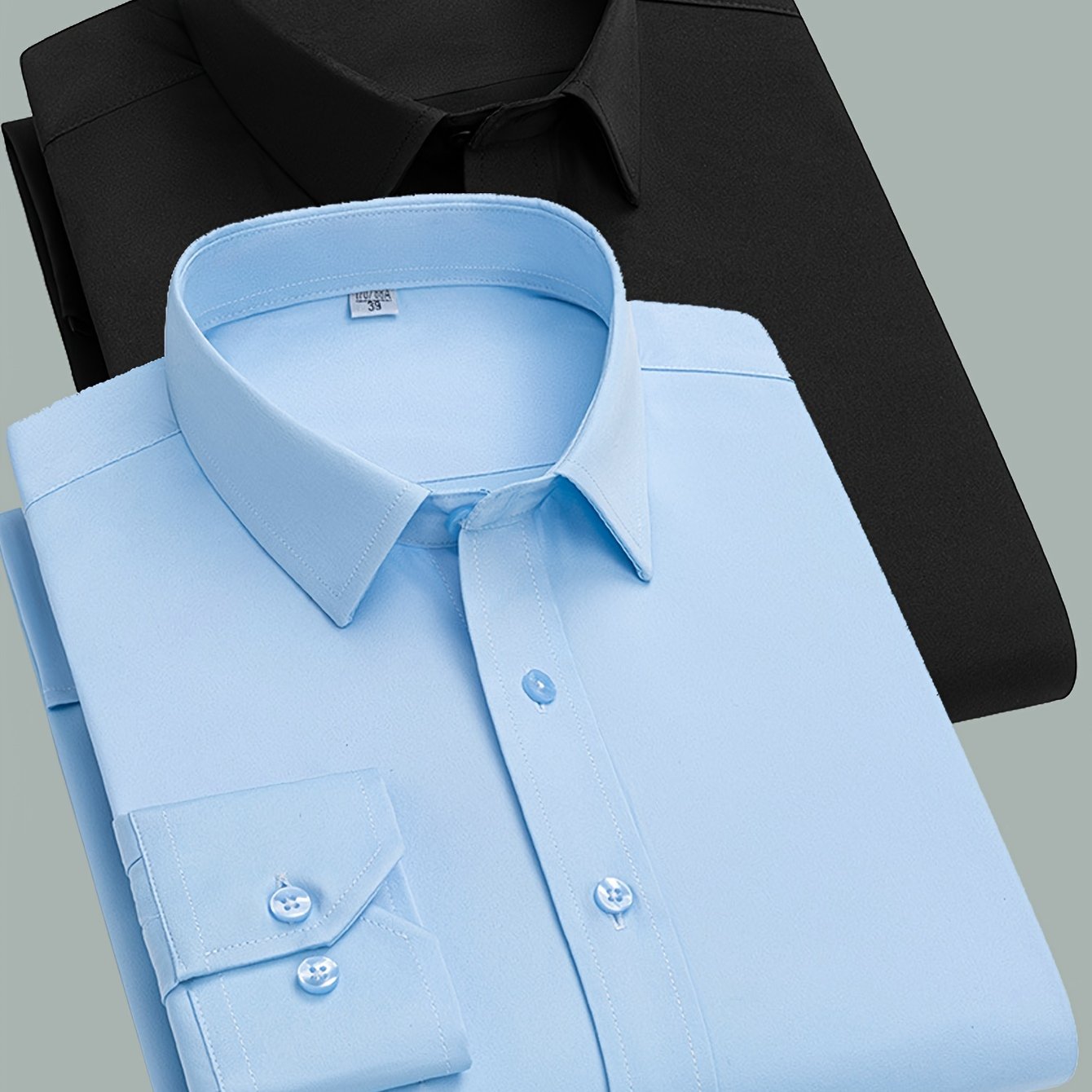 2 Men's work style polyester dress shirts in solid colors, regular fit with button details and lapel collar.