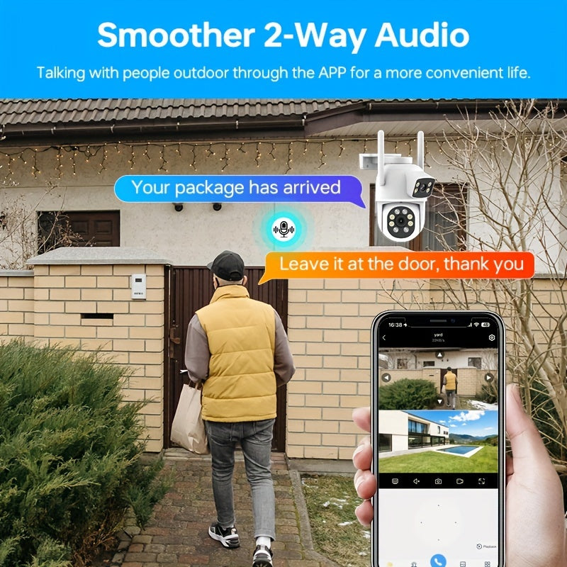 The Zhxinsd Dual Lens 1920P HD WiFi Smart Security Camera features app push notifications, two-way audio, video playback, motion detection, color night vision, and supports both 2.4G and 5G wireless connections. It can be used indoors or outdoors, is USB