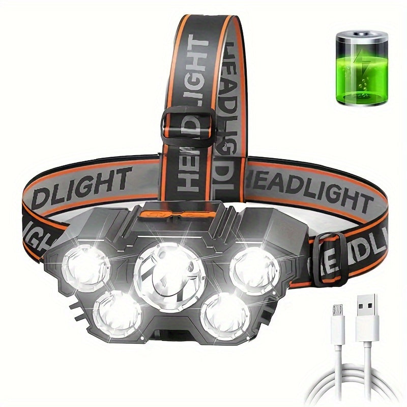 1pc Rechargeable LED Headlamp with 5 powerful lights for outdoor activities. Perfect for camping, emergencies, fishing, and outdoor work.