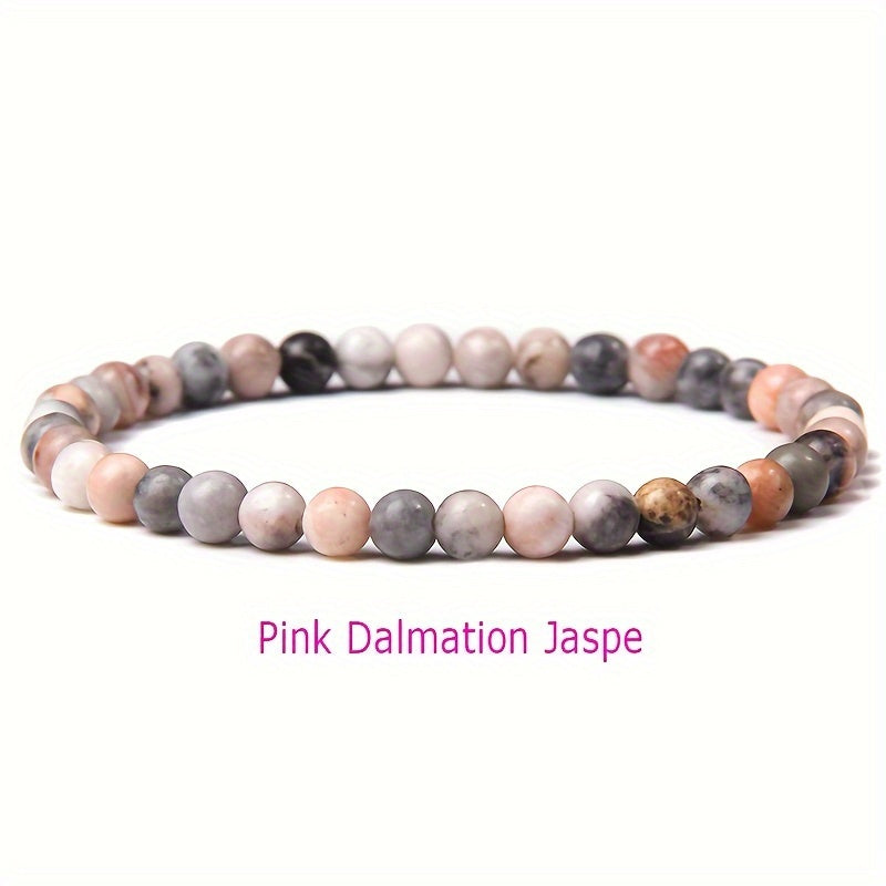 Set of 10 Boho Chic Natural Stone Beaded Bracelets featuring 4mm Round Healing Crystals. Perfect Energy Yoga Jewelry for Women, suitable for daily wear or on vacation. Includes a mix of Assorted Agate, Jasper, and Onyx stones.