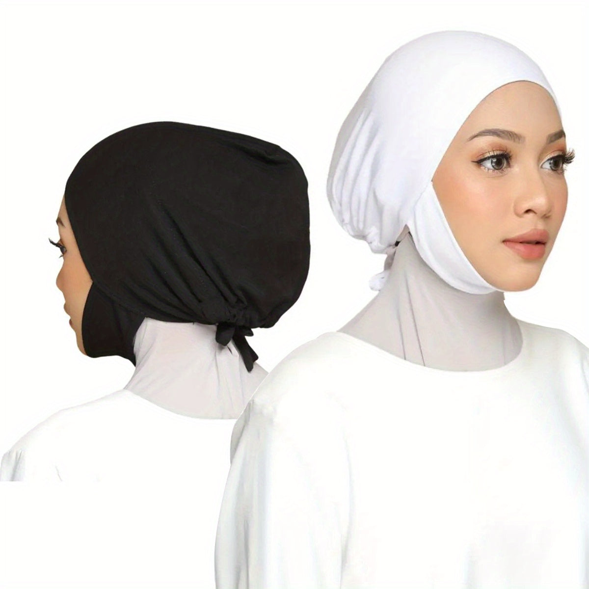 Adjustable women's instant hijab with undercap, solid color, machine washable, perfect for Eid and casual or religious wear. Made of polyester with flowing design.