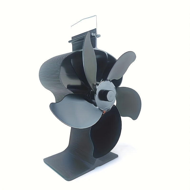 1 piece Fireplace Heat Powered Stove with a Crown Type Stable Base and 5-Blades Black Fan for Efficient Air Circulation. Made of Aluminum Alloy Metal Material for Wood Burning Stove Top Fan. This fan blows out hot air to accelerate heating without the