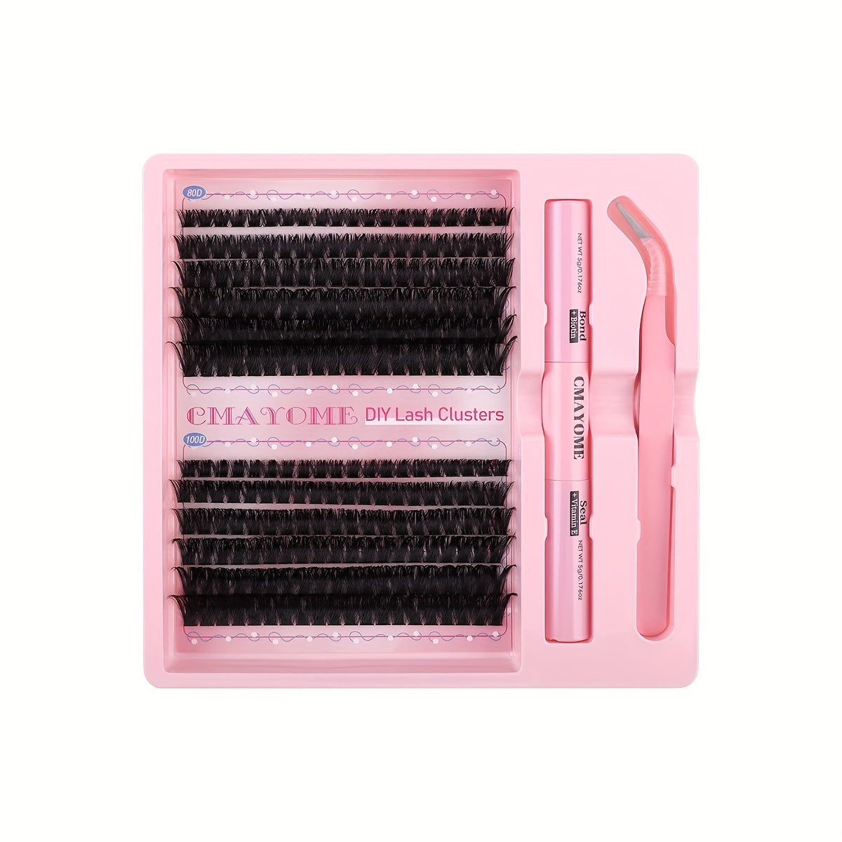 Pink Series DIY False Eyelashes Set includes 240pcs of C-shaped Curly False Eyelashes and 140pcs of Glue Tweezers. Features 8-16mm length, low sensitivity, easy application, and