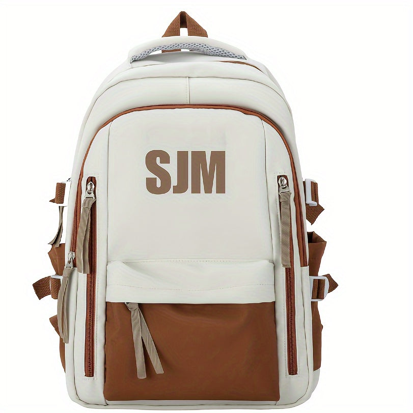 Durable Oxford Travel Backpack with Adjustable Straps, Multiple Compartments, White & Green Design, Zipper Closure.