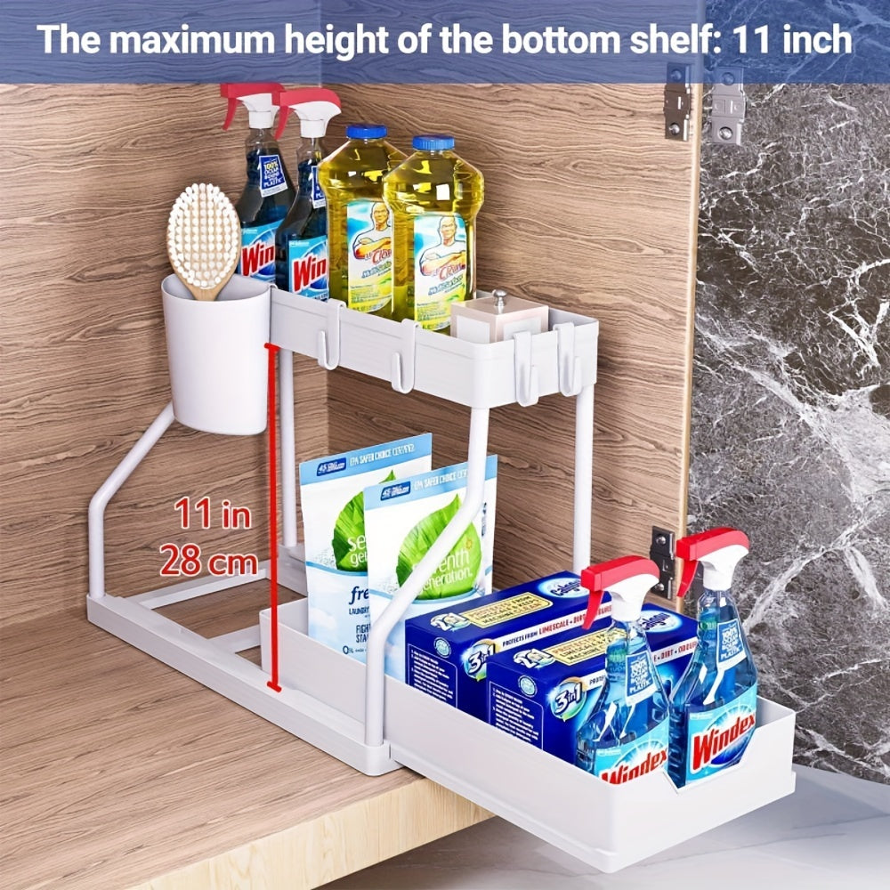 Introducing the Expandable Under Sink Organizer - a 2 Tier Pull-Out Storage Rack with Hooks and Hanging Cup. This multifunctional shelving unit is adjustable and perfect for the kitchen and bathroom. Say goodbye to clutter and hello to organized living