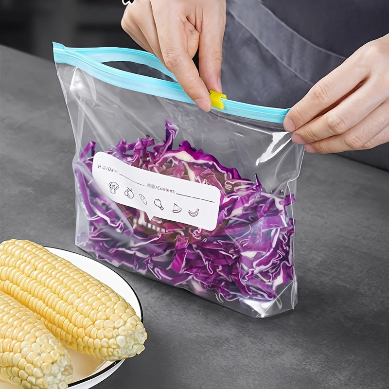 A set of 45 food storage bags featuring ziplock closures, designed for keeping fruits, grains, vegetables, and meat fresh with anti-odor seal technology. Perfect for organizing and storing in the kitchen, these bags are food contact safe.