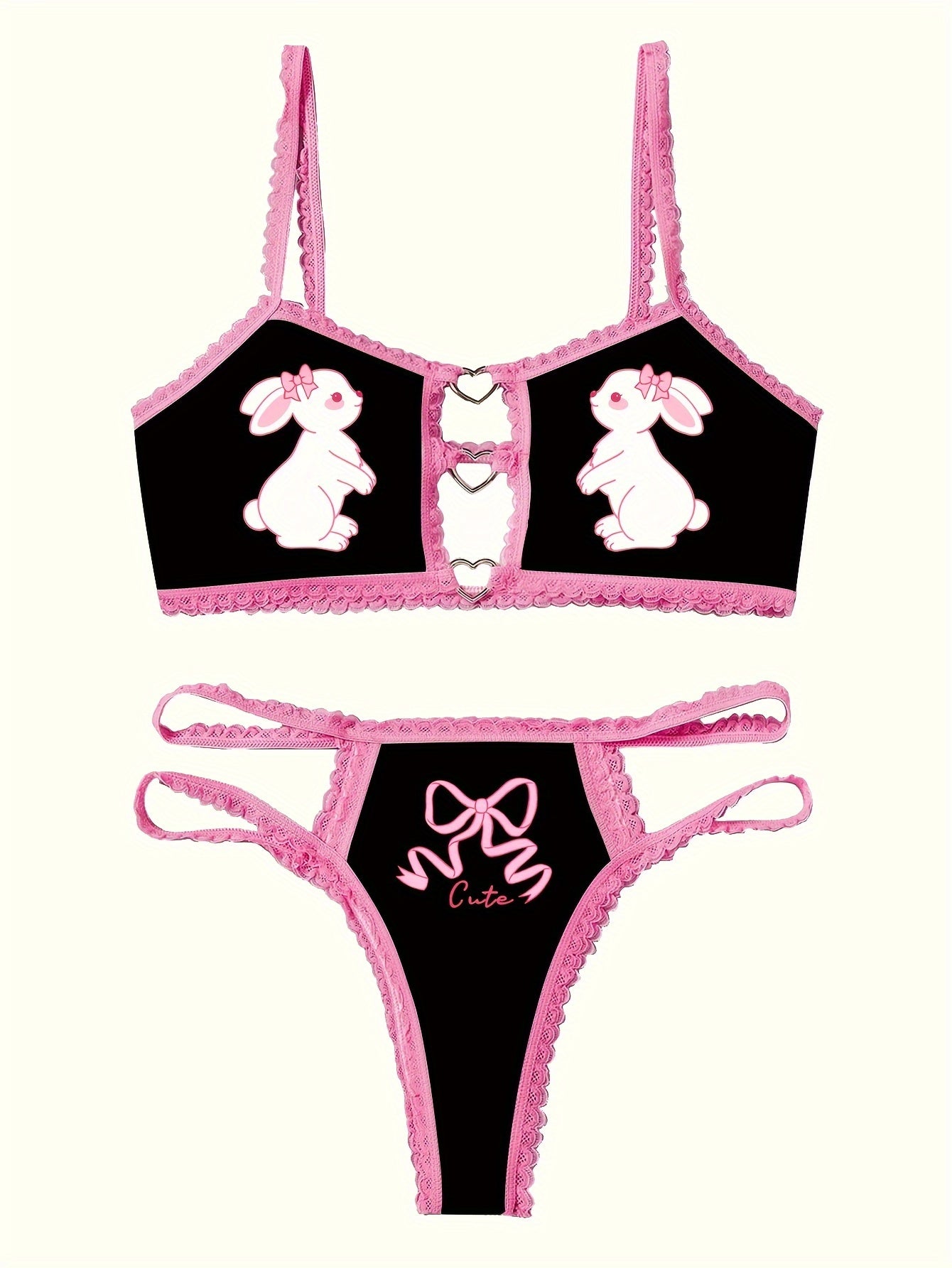 Pink lace set with cute rabbit print bra and panties.