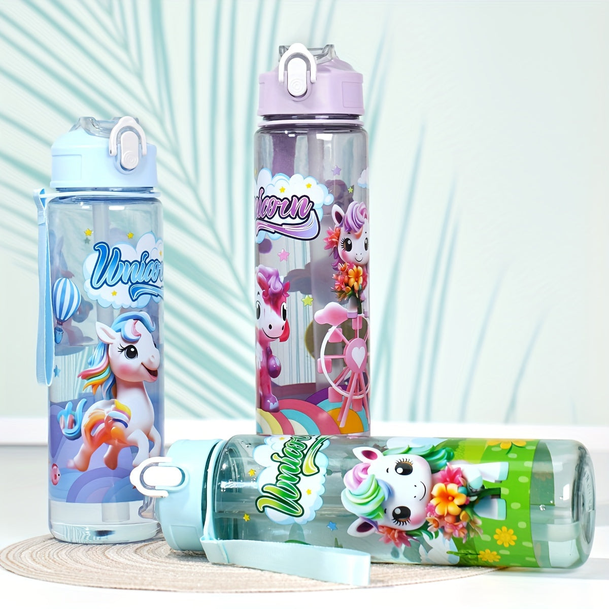 Pony-themed 25oz leakproof water bottle with straw is ideal for camping, travel, and fitness. Durable plastic, PVC-free, perfect for Christmas and Halloween. Hand wash only.