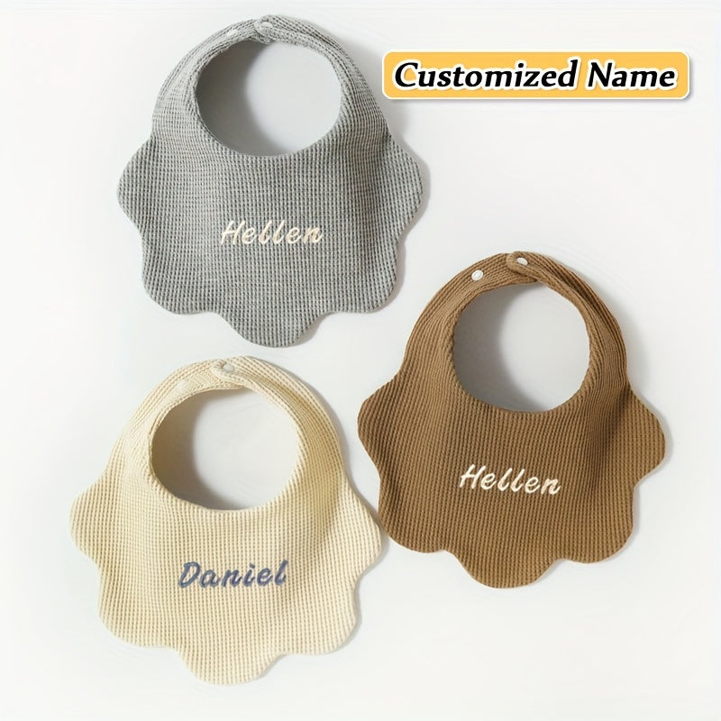 3 Packs of Pure Cotton Baby Bibs with Customized Name, Soft and Breathable, Highly Absorbent, Adjustable Snaps, Ideal Birth or Holiday Gift