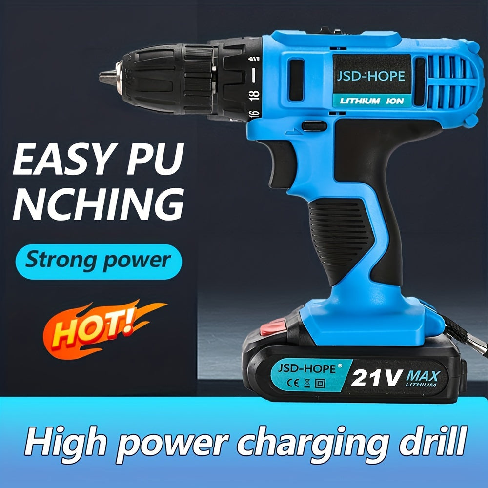 Cordless impact drill with brushless motor, rechargeable lithium battery, and multi-function capabilities. Charger included.