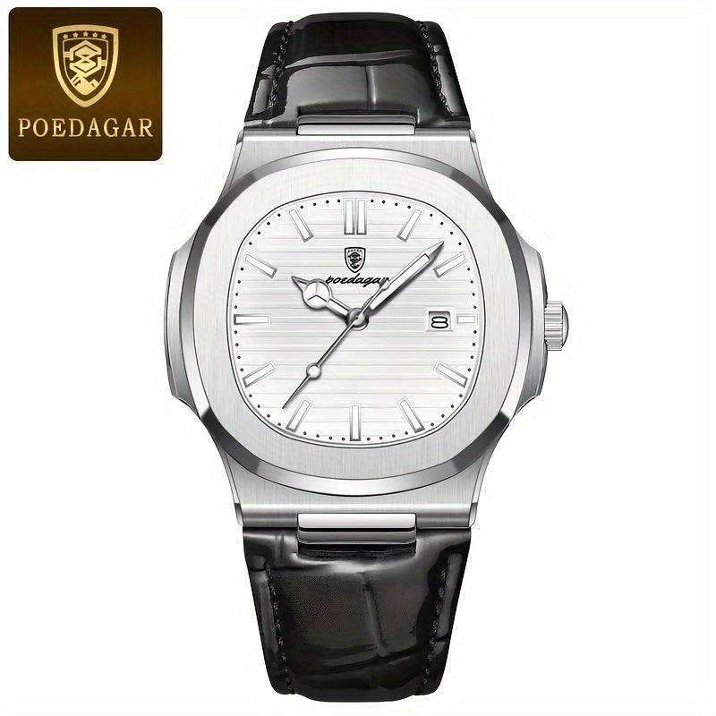 POEDAGAR Men's Fashion Watch with Night Glow Calendar, High Quality Leather, and Quartz Movement