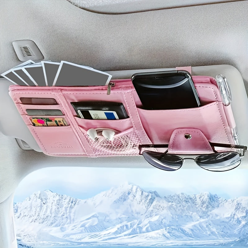 Car sun visor storage box with multiple functions: sunglasses organizer, card pouch, interior accessory.