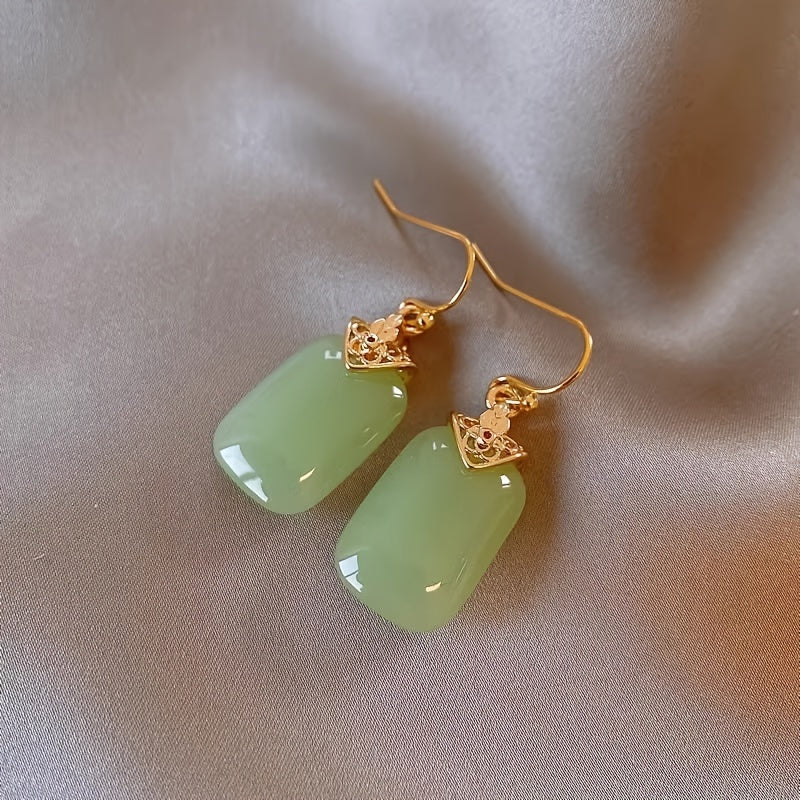 Elegant and Unique Natural Jade Square Earrings for Women, Featuring a Luxurious and High-End Design