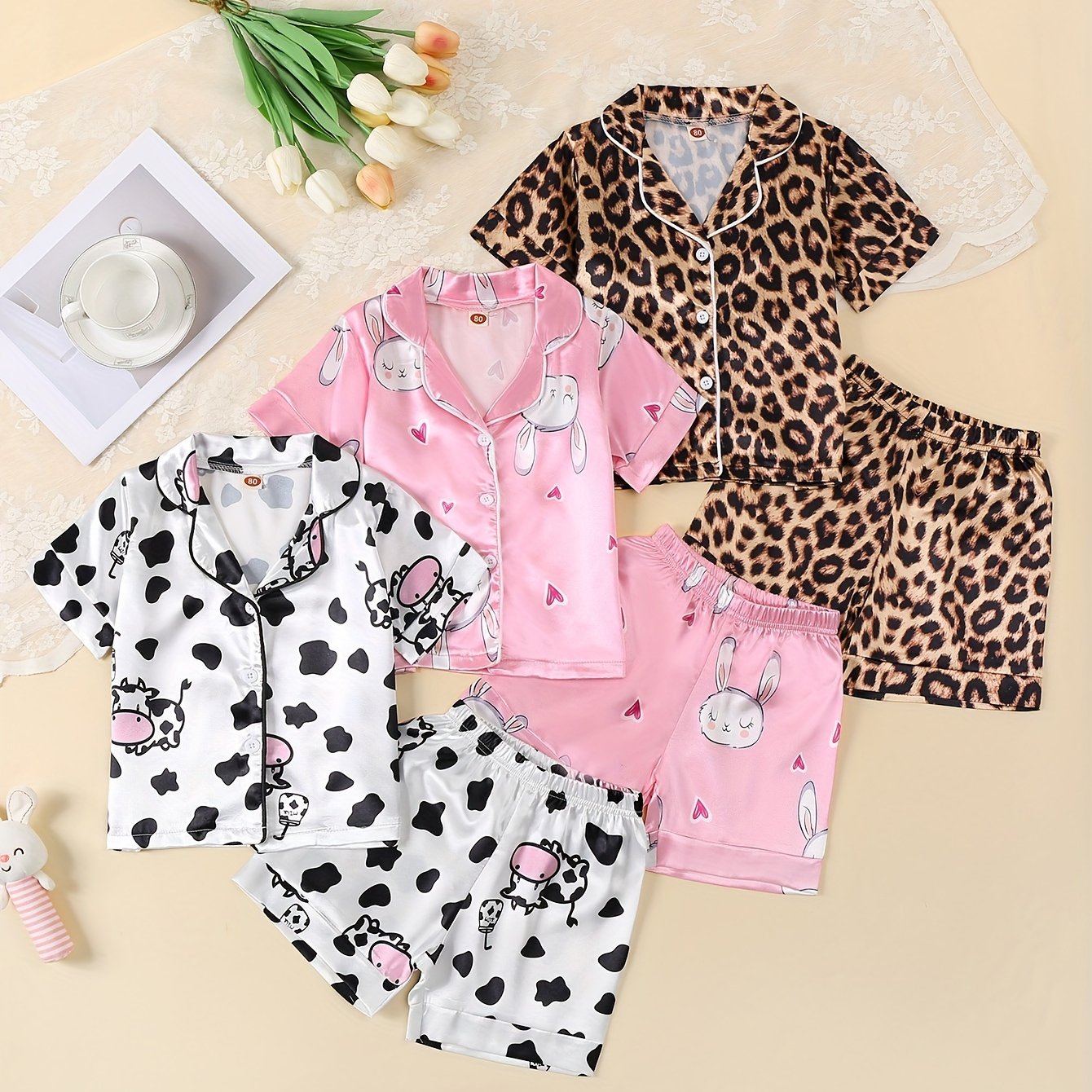 3-piece girl's ice silk clothing set features cute cow, rabbit, and leopard print. Comfortable and skin-friendly for daily wear.