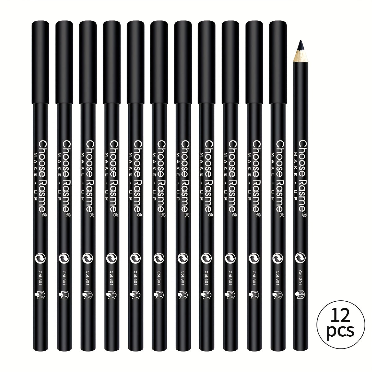 12pc black eyeliner pencil set with long-lasting, smudge-proof formula, intense pigment, and waterproof finish.