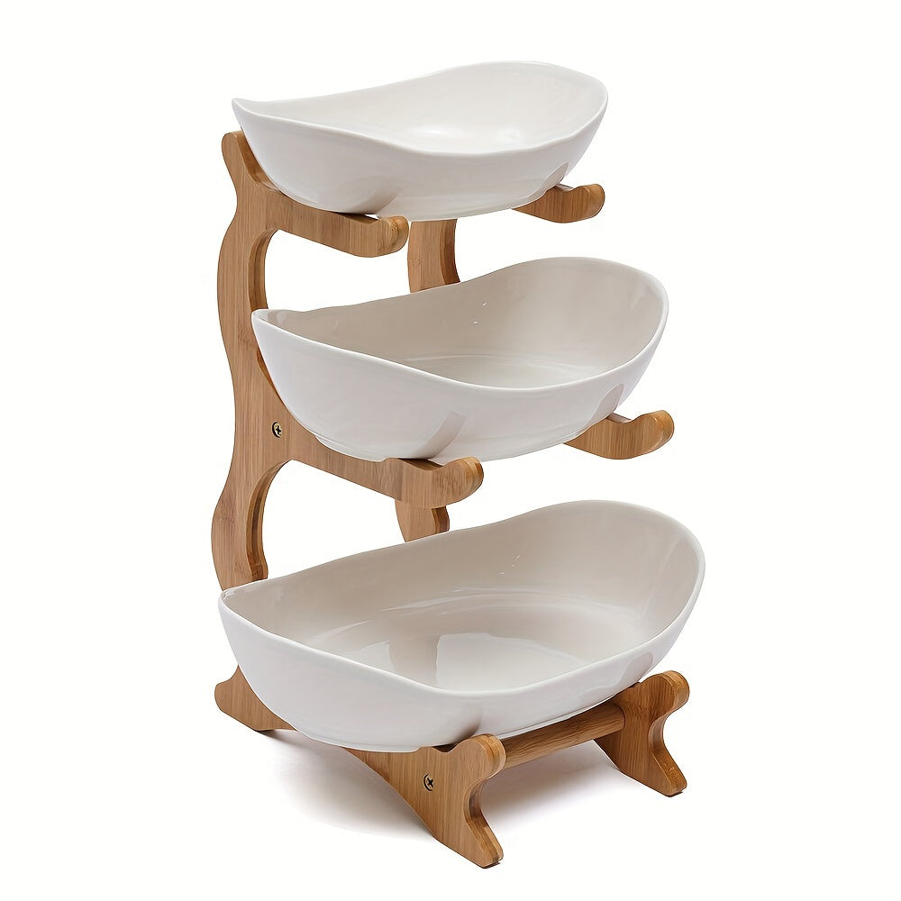 Wooden 3-Tier Fruit Stand for Kitchen Use - No Batteries Needed for Multiple Purposes