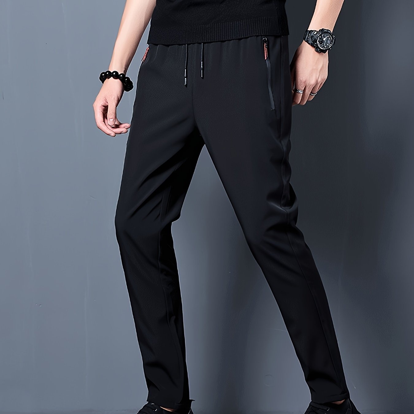 Men's loose solid pants with zipper pockets, casual drawstring barrel trousers for outdoor activities