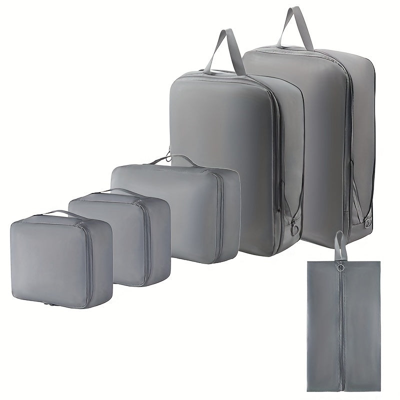 Durable 6-piece packing cubes set made of polyester for organizing clothes, toiletries, and luggage while traveling.