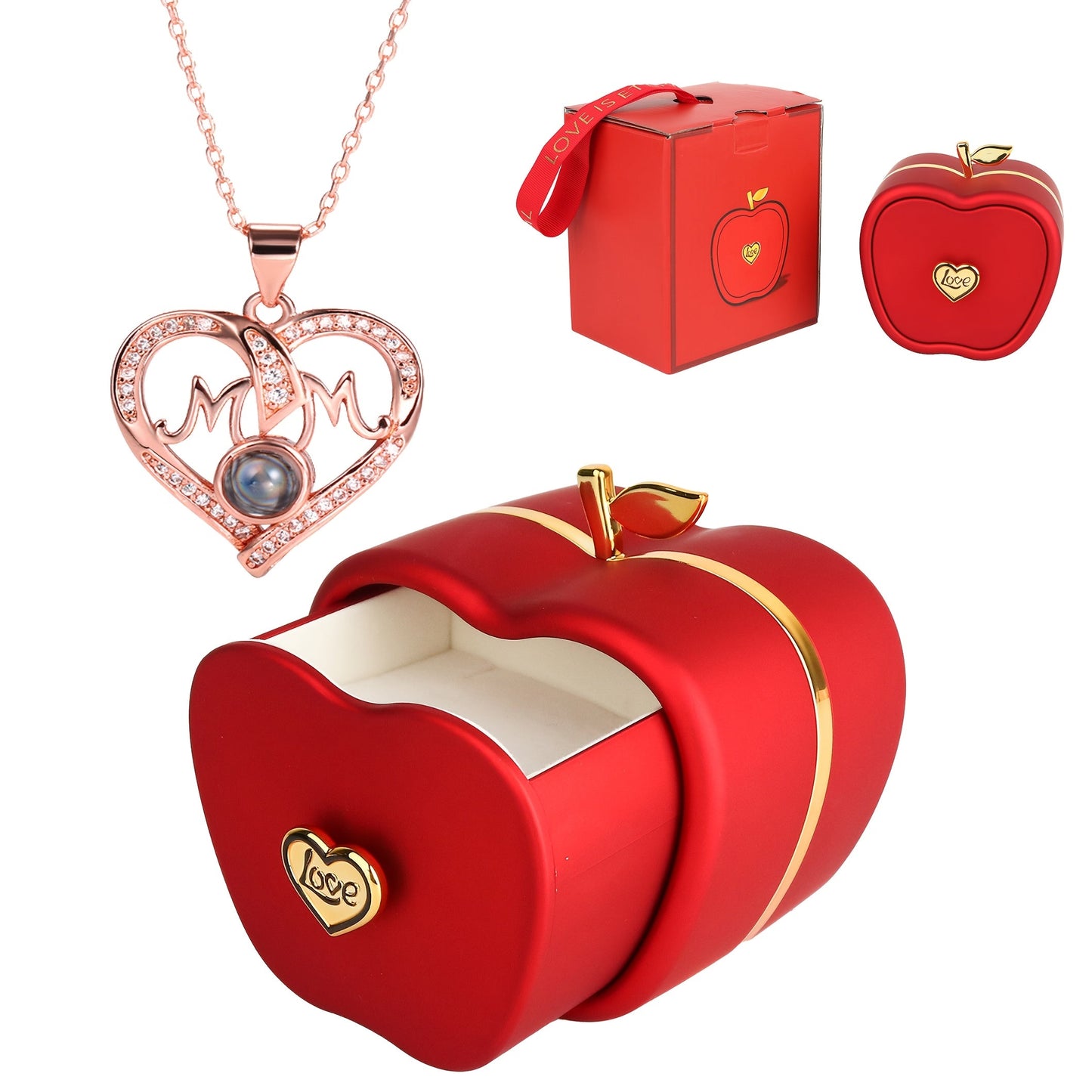 Stylish Red Apple Gift Box featuring a "I Love You" Heart Pendant, Rose Gold Plated Necklace with Synthetic Zirconia - Perfect Jewelry Gift for Mother, Wife, Grandmother. Suitable for Everyday Wear and Special Events - Great Christmas Gift Suggestion.