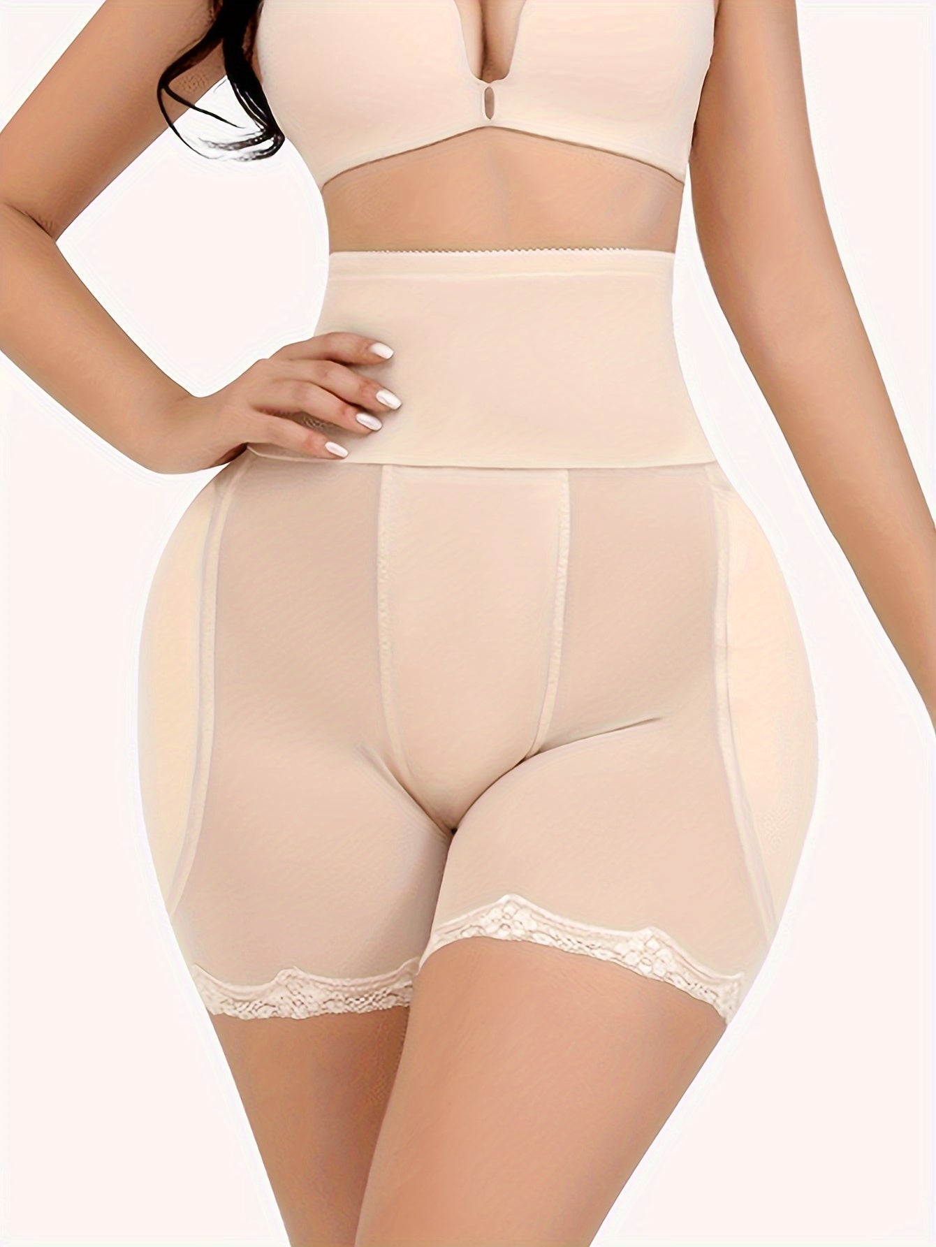 Lace trim shaping shorts for women with tummy control and butt lifting features.