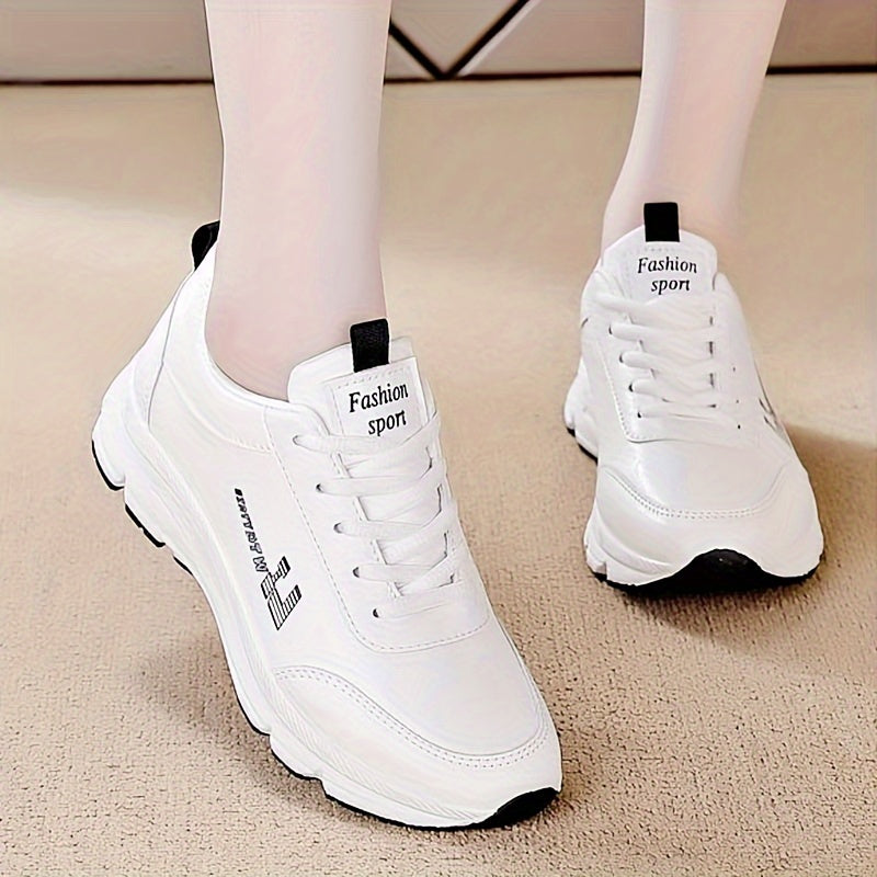 Women's White Lightweight Chunky Sneakers with Soft Rubber Sole, Lace-Up Low Top, Perfect for All Seasons, Casual Dad Shoes.