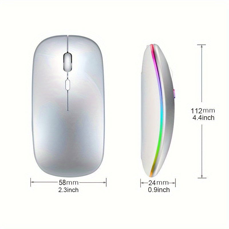 Slim wireless mouse with 2.4G+BT technology, USB receiver, and anti-slip scroll wheel, suitable for laptops and computers.