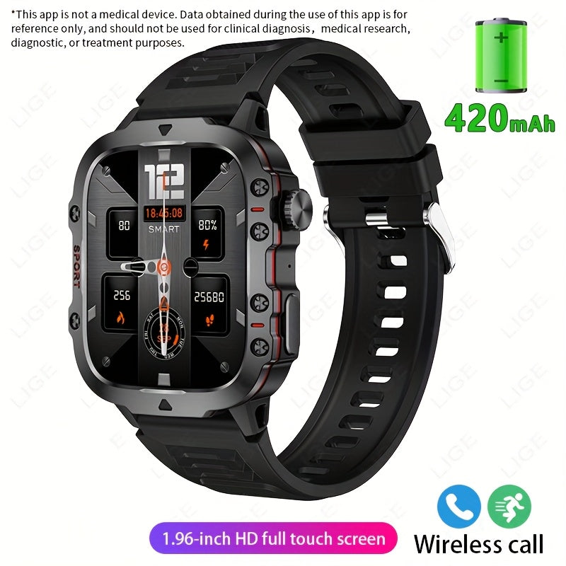 LIGE Men's Smart Watch features Voice Assistant, IP67 Water Resistance, Sports Strap, 100+ Exercise Modes, Rechargeable Battery, Weather and Flashlight Features, Alarm Clock, Calculator, Zinc Alloy Case, and USB/Battery Power.