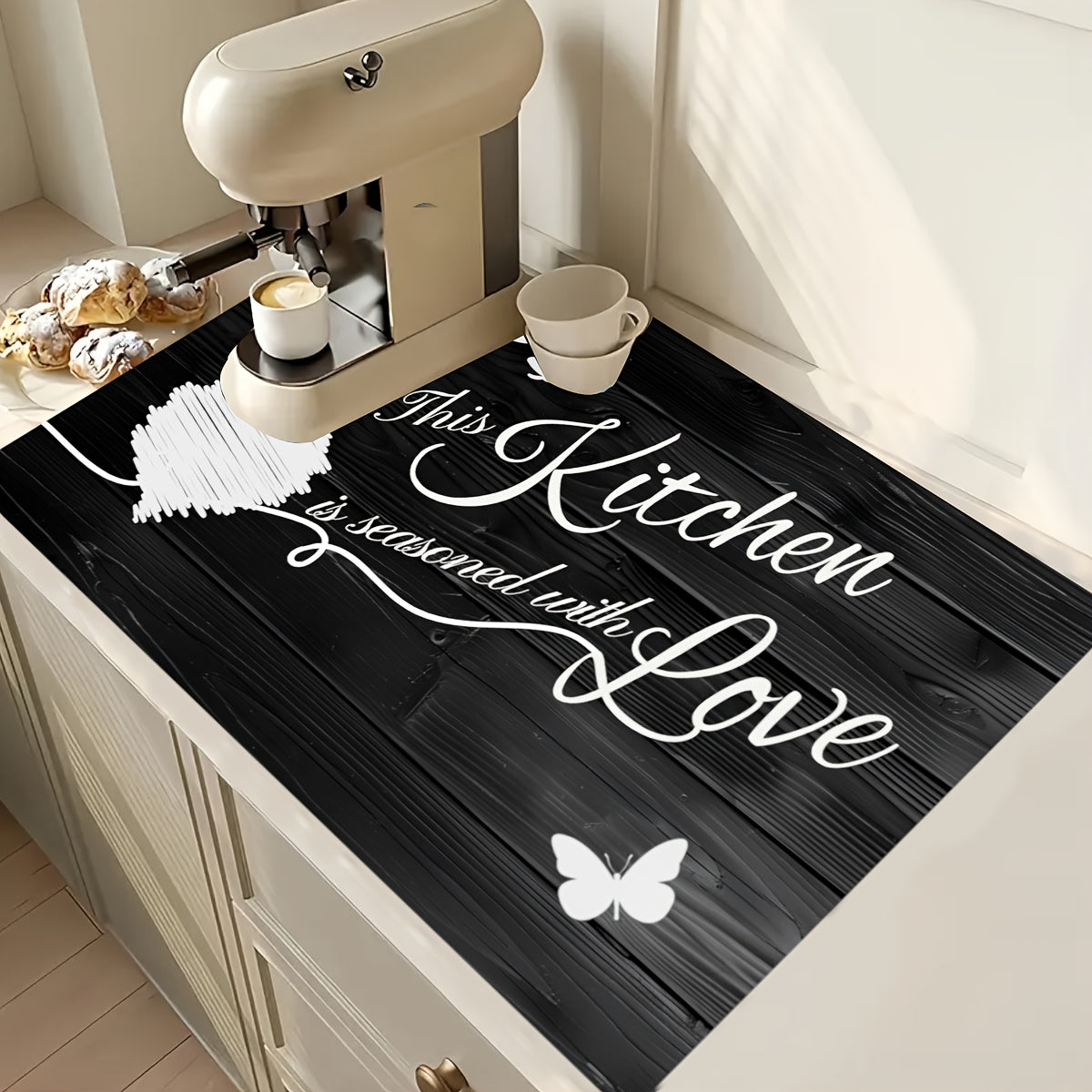 Enhance Your Kitchen with Our 'Kitchen's the Heart of the Home' Extra Large Scratch-Resistant Protector Mat - Non-Slip, Heat-Resistant Countertop Pad with Elegant Floral & Butterfly Design, Ideal for Stove Tops, Coffee Machines & Appliances -