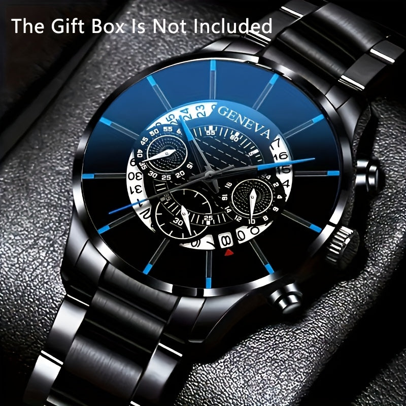 Men's Simple Casual Black Stainless Steel Strap Quartz Watch, featuring a Round Zinc Alloy Case with Pointer Display and Electronic Drive. This watch is non-waterproof and is the perfect gift for Valentine's Day, Easter, or Eid Al-Adha. It offers a