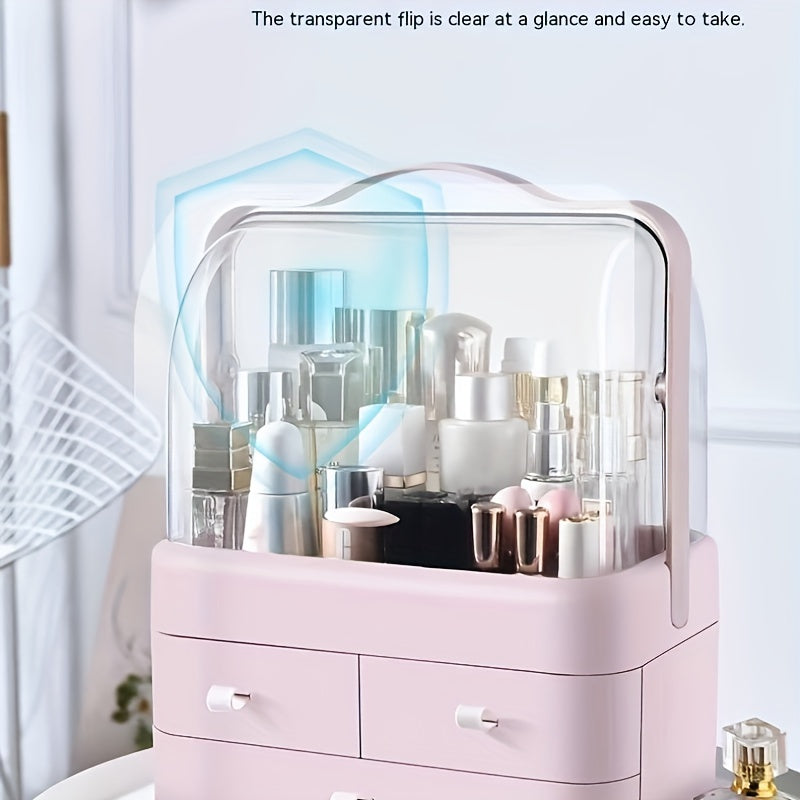 Makeup box with double opening and storage drawer for organizing cosmetics on bathroom countertop.