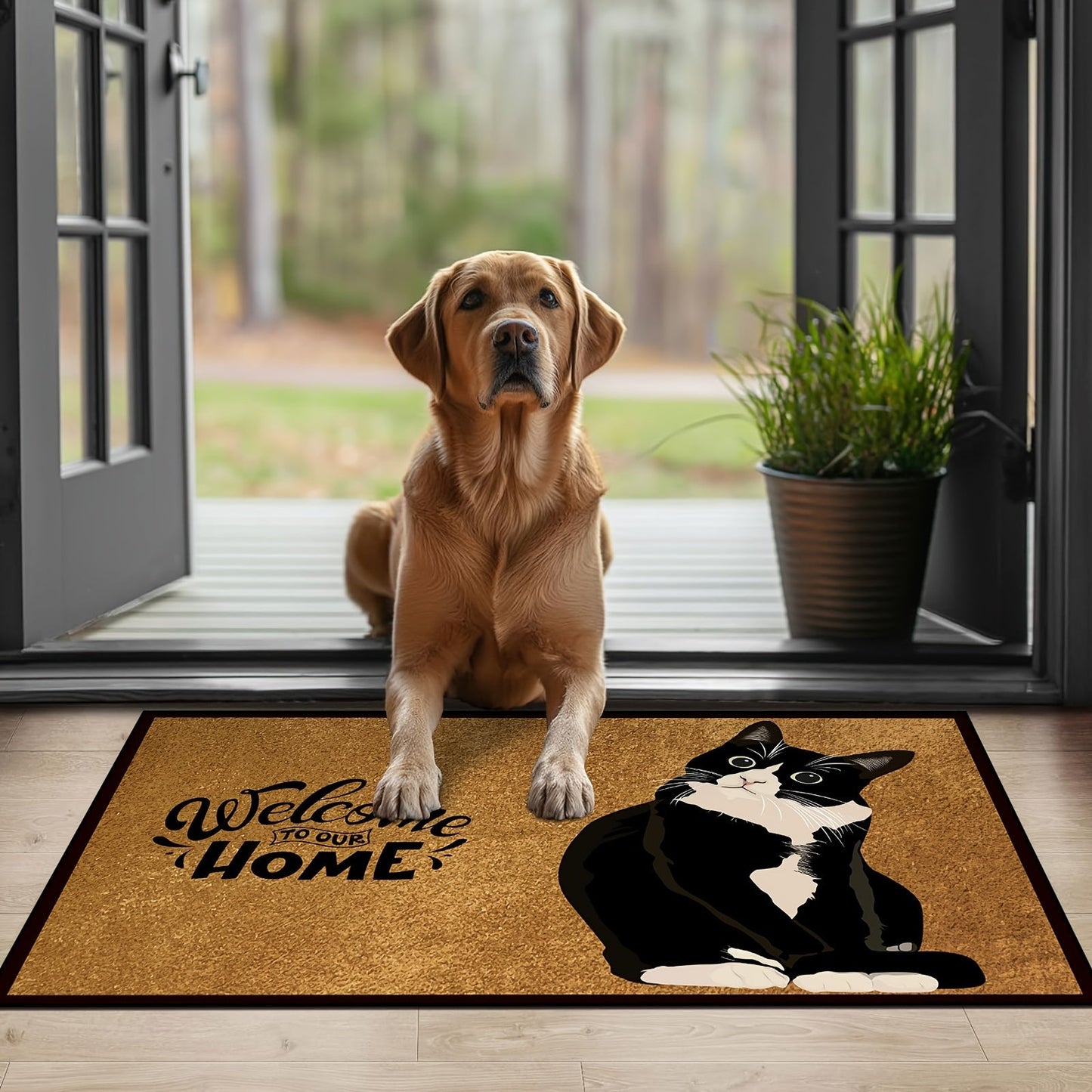 Retro Black & White Cat Welcome Doormat - 1 Piece, Made of Polyester Blend, Easy to Clean in the Washing Machine, Non-Slip Entryway Rug Ideal for Home Gaming Room Decor