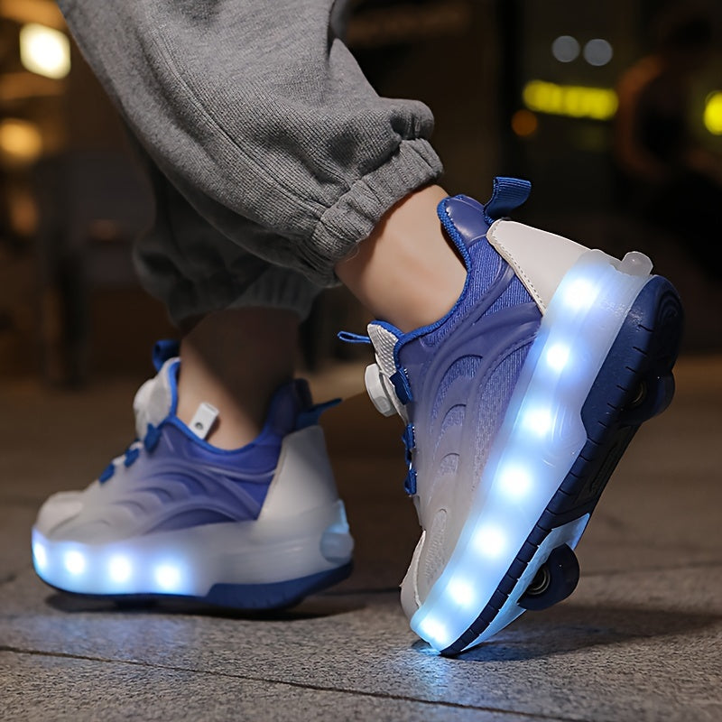 LED roller skates with TPR sole, fabric inner, EVA insole, rotary buckle closure, and lithium polymer battery. Suitable for ages 14+, can be used indoors or outdoors for sports training all