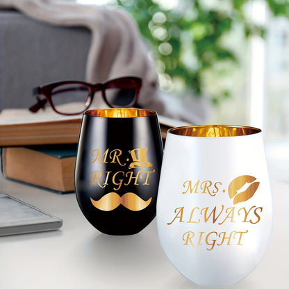 Set of 2 Mr Right Mrs Always Right Wine Glasses - Perfect gifts for weddings, engagements, anniversaries, bridal showers