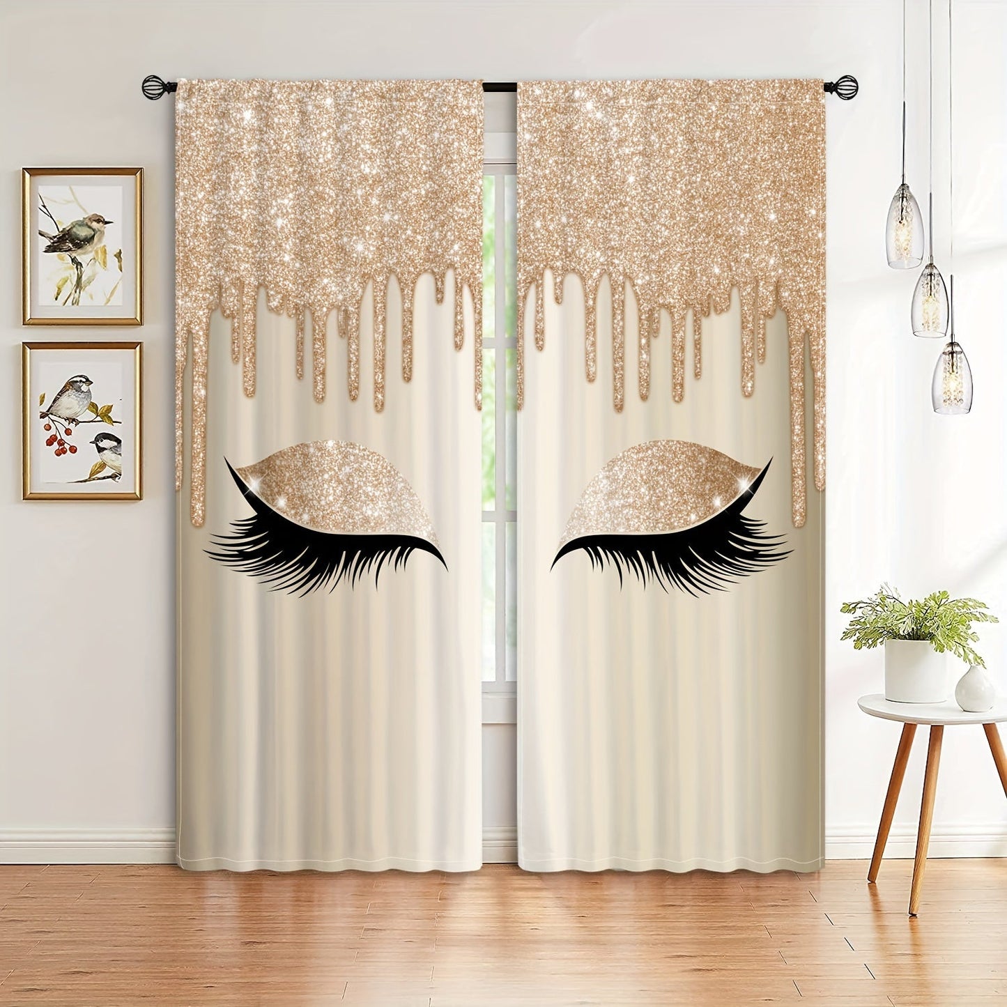 Set of two Eyelash Printed Curtains, Rod Pocket Window Treatments ideal for Bedroom, Office, Kitchen, Living Room, Study, and Home Decor. Enhance your room with stylish and aesthetic decorative curtains.