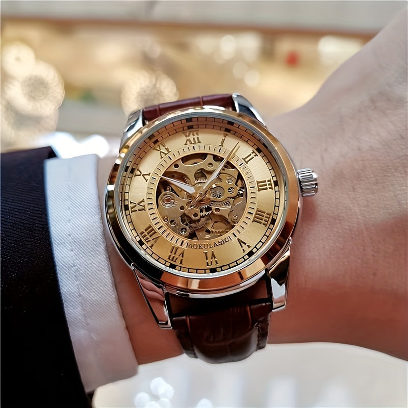 Elegant men's automatic mechanical watch with skeleton design, brown faux leather strap, self-winding. Ideal for business and casual wear, perfect gift for young men. Durable watch band