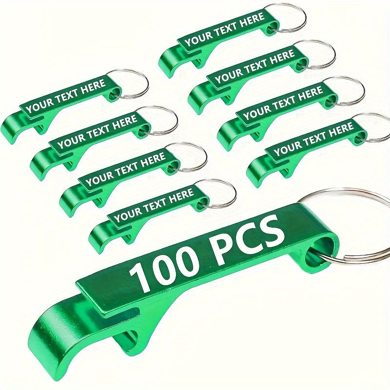 100 customized metal bottle opener keychains, perfect for weddings, birthdays, and bachelor parties. Also great for holiday gifts like Christmas, Halloween, Hanukkah, Thanksgiving, and Valentine's Day. No power required.