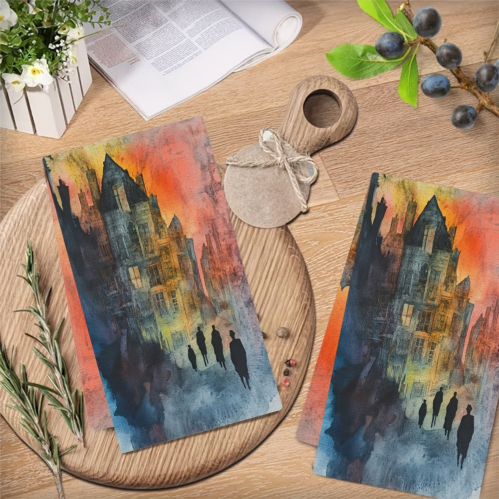 Two pieces of artistic sunset townscape kitchen towels that are ultra soft and highly absorbent. Made of polyester, these dish hand towels are machine washable and measure 40.64x60.96 cm. Add a vibrant holiday decor to your kitchen with these dish towels.