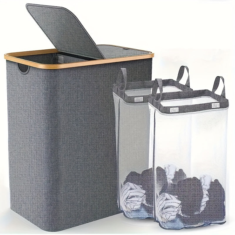 Large laundry hamper with lid and two detachable bags, perfect for organizing dirty clothes in laundry rooms, bathrooms, and dormitories. This foldable laundry basket is ideal for home organization and back to school supplies.