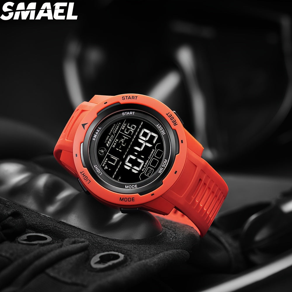 SMAEL Men's Waterproof Sports Watch with LED Display, TPU Strap, Stopwatch, Calendar, Weekly View, Shock Resistance, and Classic Movement Style