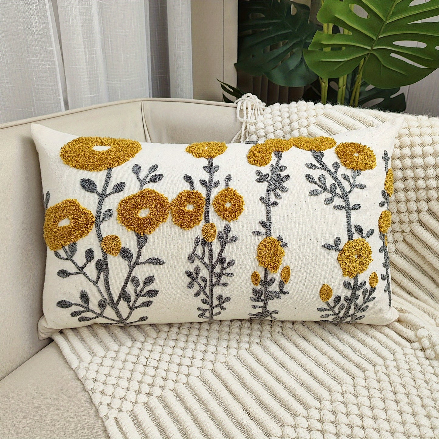 Boho floral tufted throw pillow cover - embroidered cotton for couch, sofa, bed - soft and stylish.