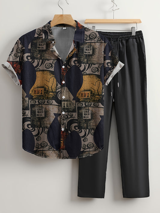 Men's casual geometric print shirt and pants set made of lightweight, non-stretch polyester. Features "ONE WAY" design, perfect for summer.