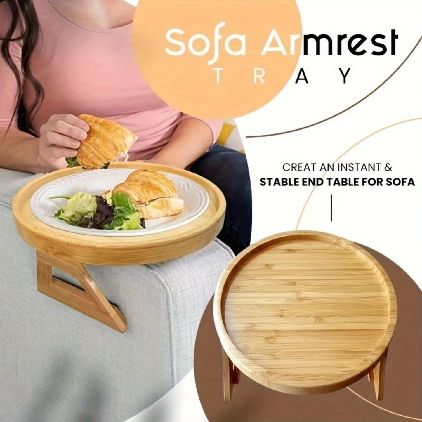 Portable and foldable bamboo armrest tray for sofa, no electricity required. Perfect for use as a side table.